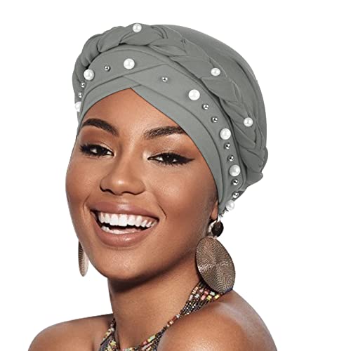 African Women Turban Caps Pre-Tied Twisted Turbans Head Scarf for Women Hair Wraps Cover Beanie Cancer Chemo Headwear - color: 1 Pack Twisted Braid: With Pearls Grey