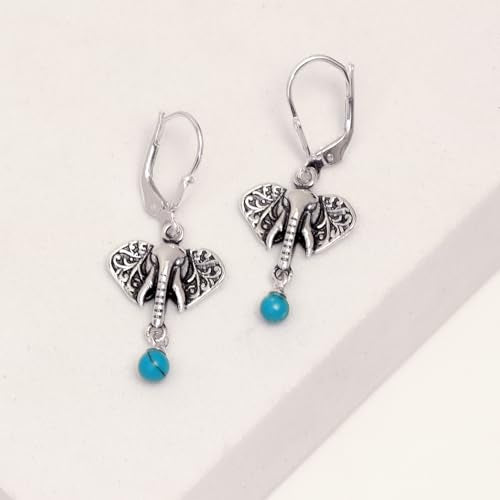 LeCalla 925 Sterling Silver Filigree Dangle Drop Leverback Earrings for Women | Long 925 Silver Dangle Leverback Earrings Hypoallergenic Filigree Tear drop Earrings Jewelry - style: Turquoise Elephant Drop-37mm