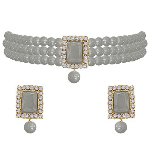 Aheli Ethnic Choker Necklace Earrings Wedding Bollywood Party Jewelry Set Gift for Women - color: Grey