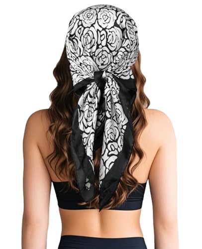 Sumolux Head Hair Scarf for Women Like Satin Silk Scarf Bandana Hair Wrapping Night Large Square Scarves 27.5" - color: Black Camellia