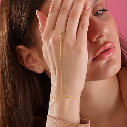 CHESKY 14k Gold Plated Hand Chain Bracelet for Women Trendy, Dainty Ring Bracelets Hand Chain Finger Nail Bracelet Simple Gold Hand Jewelry for Women Gifts - style: Bead