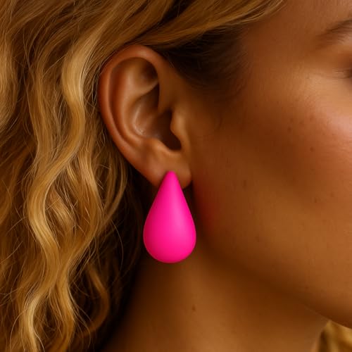 14K Gold Clip On Earrings Women,Teardrop Chunky Detachable Hoop Clip-On Earrings for Non Pierced Ears Hypoallergenic Lightweight Earring Clips - color: Hot Pink