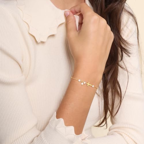 NECOCY Mothers Day Gifts Cross Bracelet for Women, Dainty 14K Gold/Silver Plated Pearl Cross Chain Bracelet Religious Christian Baptism Jesus Catholic Bracelet Jewelry Gift for Mom Wife Daughter - style: Style-4