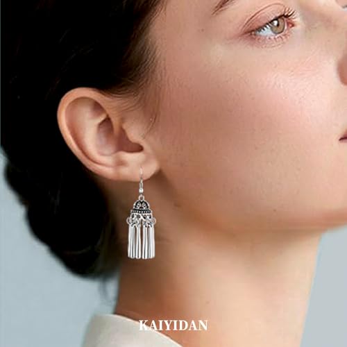 Silver Dangle Earrings For Women Trendy,Boho Cute Drop Western Earings,Vintage Gothic Ethnic Statement Beach Vacation Long Earrings with Leaf Teardrop Turquoise Crystal Tassels,Fashion Jewelry Birthday Gift. - color: A51) Lunky Roller Teardrop Tassles