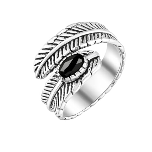 Silver Plated Feather Ring | 925 Silver Adjustable Open Ring | Vintage Leaf Design Inspirational Jewelry for Men & Women | Hypoallergenic Boho Statement Ring - color: Black Onyx Protection