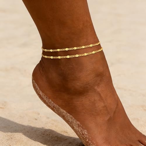 Ankle Bracelets for Women - 14K Gold Plated Waterproof Cuban Water Wave Chain Beads Rhinestone Anklets Set Layered Anklet Bracelets for Women Gold Jewelry Gift - color: Lip Chain