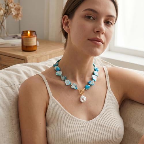 Chunky Shell Choker Necklace for Women,Natural Irregular Pearl Beaded Beach Necklaces,OT Buckle Pearl Pendant Choker,Bohemian Beach Necklace,Summer Beach Vacation Jewelry Gift for Women - color: Blue