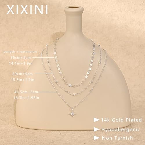 XIXINI Layered Necklaces for Women, Dainty Gold Necklace Stack 14k Gold Plated Layering Beads Choker Pendant Necklace Set Simple Statement Gold Necklaces for Women Trendy Fashion Gold Jewelry Sets - color: 3layered star necklaces-Silver