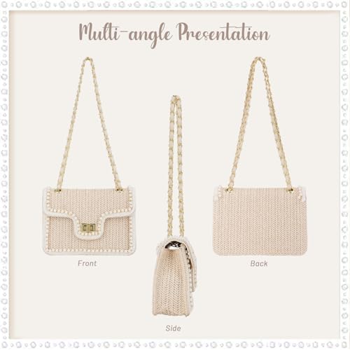 Fecialy Straw Crossbody Bags for Women Summer Straw Beach with Pearls Raffia Shoulder Handbags - color: Beige