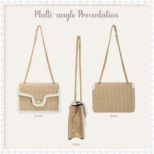 Fecialy Straw Crossbody Bags for Women Summer Straw Beach with Pearls Raffia Shoulder Handbags - color: Brown