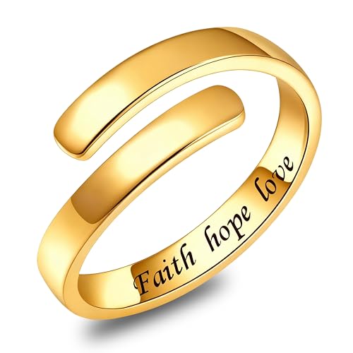 Sonateomber Gold Silver Faith Open Rings for Women ，Adjustable Minimalist Personality Encouragement Hope Love Healing Promise Ring Wedding Festival Accessories Fashion Jewelry Gift - color: Gold-Faith hope love