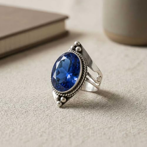 Handmade 925 Sterling Silver Plated Ring Natural Gemstone Carnelian, Rose Quartz, Tiger Eye, Crystal Oval Boho Jewelry For Women - color: Blue Sapphire Simulated