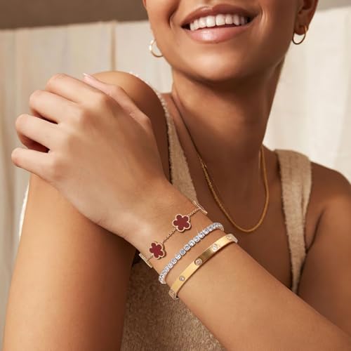 Womens Stackable Floral Gold Bracelets - 3Pcs 18K Gold Plated Bracelet,Stainless Steel Bangle Bracelets Non Tarnish, Gold Bracelet Set Trendy Jewelry,Christmas Valentines Birthday Gifts for Girlfriend - color: Red