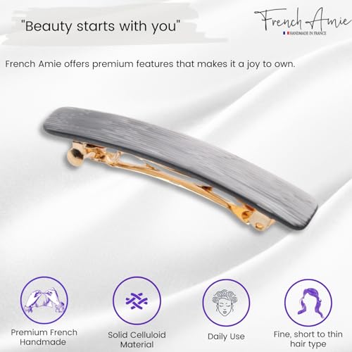 French Amie Small 2 1/4 inch Celluloid Handmade Hair Barrette No Slip Grip Durable Styling Women Hair Accessories Hair Clip for Girls, Made in France(Metallic Grey) - color: Metallic Grey