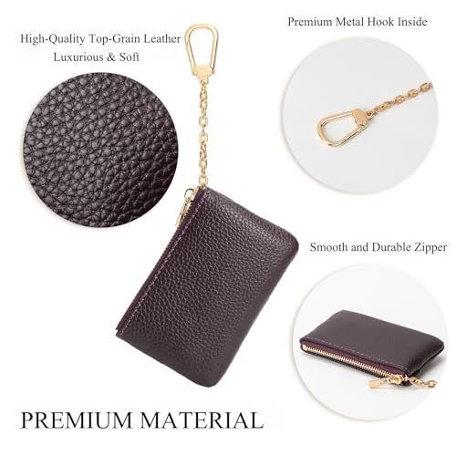Full Grain Leather Coin Purse with Key Chain - Small Change Purse Keychain Card Holder Keychain Pouch Small Keychain Wallet for Women and Men (Eggplant Purple) - color: Eggplant Purple, Regular Size