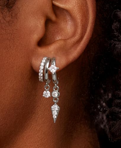 Triple Huggie Stacked Earrings for Women Gold Chain Drop Dangle Earrings Cute Statement CZ Earrings Trendy Dainty Jewelry Gift - color: Silver 8