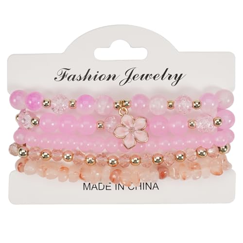 LOTSOF Boho Flower Beaded Bracelet Set for Women - Multilayer Crystal & Flower Charm Stackable Bracelets, Fashion Jewelry Gift for Her - color: Pink