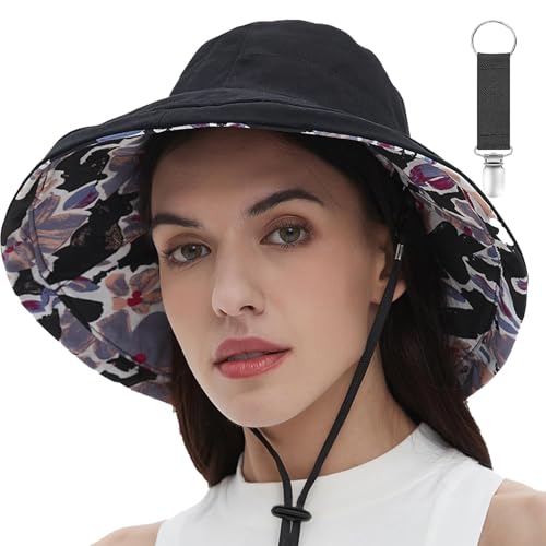 vidsel Womens Sun Hats Wide Brim Reversible Bucket Cotton Hat Packable Summer Travel Cap with Hat Clip,UV Protection - color: Black, size: Medium