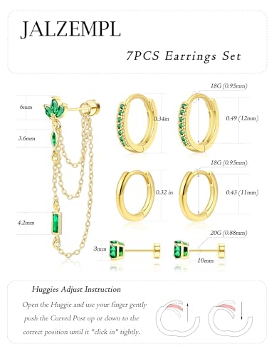 7Pcs Earring Stacks Cartilage Helix Flat Back Hoop Set For Women Stud Small Huggie Chain Multiple Piercing 14K Gold Plated Jewelry Triple Cubic Zirconia - color: 14K Gold Plated (Emerald), size: Flat Back