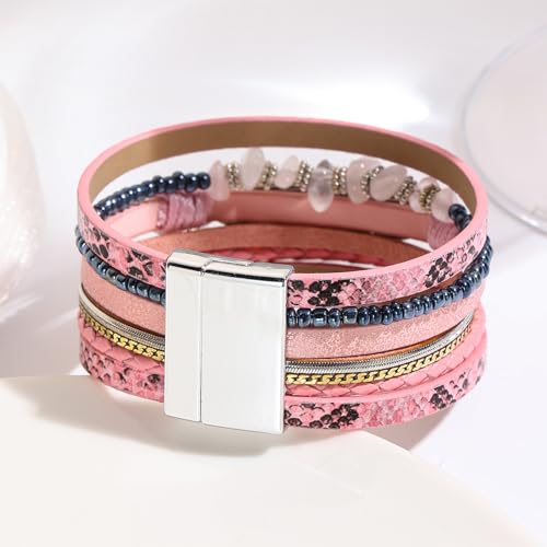 Long tiantian Boho Leather Wrap Bracelets Western Bracelets for Women Stackable Starfish Crystal Pearl Turquoise Leather Bracelet With Clasp Jewelry Gifts Boho Dresses - color: A7:Pink Bracelet