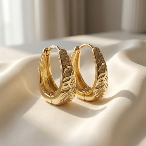 14K Gold Plated Wide Chonky Hinge Hoop Earrings for Women, Ribbed Textured U-Shape Oval Hoops, Lightweight Dainty Hollow Jewelry Gift, Nickel-Free Hypoallergenic 25MM
