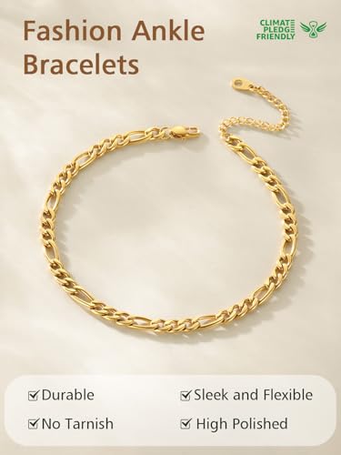 FindChic Stainless Steel Ankle Bracelets for Women, Waterproof Figaro/Cuban/Box/Beaded Chain Anklets, Summer Beach Foot Jewelry, 8.5''-10.5'' Adjustable Length, with Gift Box - style: A Figaro Chain-Gold