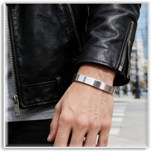 Xusamss Open Cuff Bracelet for Men Stainless Steel Wide Flat Bangle, Simple Mens Jewelry, Polished Steel Bracelet Band for Men, Wide Cuff Bracelet - color: White