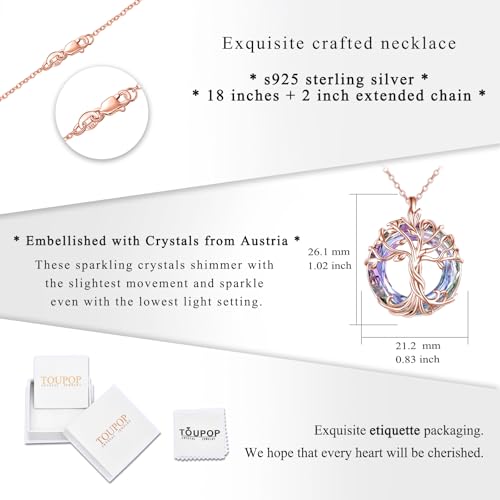 TOUPOP Tree of Life Necklace Gifts for Women 925 Sterling Silver Family Tree Pendant with Crystal Birthday Irish Jewelry Gifts for Women Her Wife Mom - color: 02-Rose Gold-Purple Crystal