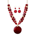 Layered Beads Statement Fashion Necklace Chunky Jewelry Set Big Colorful Glass Stone Circle Shell Pendant Choker Necklace and Earring Set for Women - color: burgundy