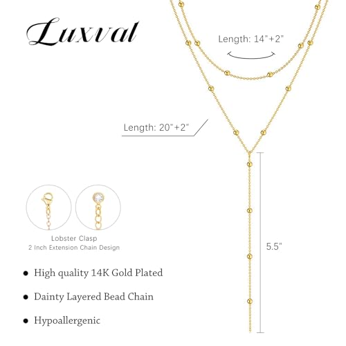Luxval Lariat Silver Necklace for Women, Dainty Long Necklace Silver Y-Shaped Pendant Necklaces Trendy Beaded Chain Drop Necklaces Jewelry for Women Gifts - color: Gold-Bead Layered