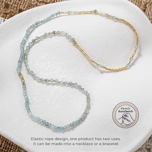 Beaded Bracelets for Women Small Blue Glass Beaded Stretchy Seed Bracelets Stackable Natural Gemstone Crystal 14K Gold Plated Beads Summer Boho Jewelry Gift - color: Apatite