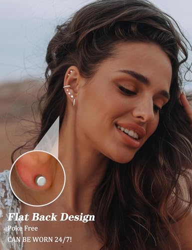 Jstyle 14K Gold Plated Stud Hoop Earrings for Women Hypoallergenic Surgical Steel Earring Stacks Silver Flat Back Earrings Trendy CZ Small Helix Cartilage Earring Sets for Multiple Piercing Jewelry