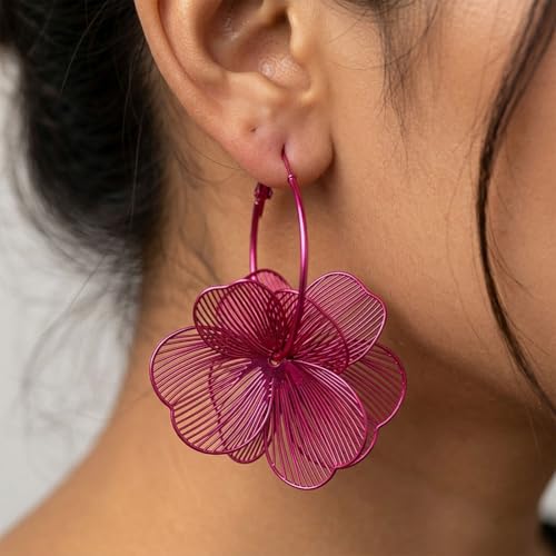 Gold Flower Statement Earrings for Women Boho Trendy Hoop Earrings Floral Dangle Petal Earring Prom Wedding Jewelry Gifts - color: A5:hot pink