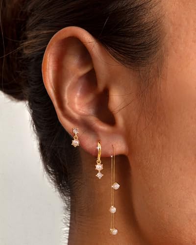Pearl Earrings for Women, Gold Plated Huggie Hoop Drop Earrings | Hypoallergenic pearl hoop earrings designed for multiple piercings, cartilage styling and everyday wear - style: 4 pearl stud chain earring set-gd