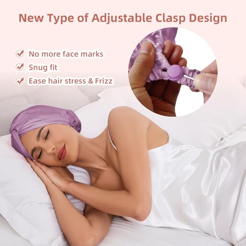 Adjustable Silk Satin Hair Bonnet for Sleeping Women, Double Layer, Silk Hair Wrap for Sleeping Women Men, Curly Natural Braid Straight Unisex - Lavender - color: Lavender