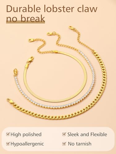 FindChic Black/Silver/Gold Plated Anklets Set of 2PCS/3PCS Herringbone Chain Cuban Link Heart Charm Sparkling Tennis Ankle Bracelets, Waterproof Summer Foot Jewelry for Beach - color: 06. Gold-3PCS Herringbone & Tennis & Cuban