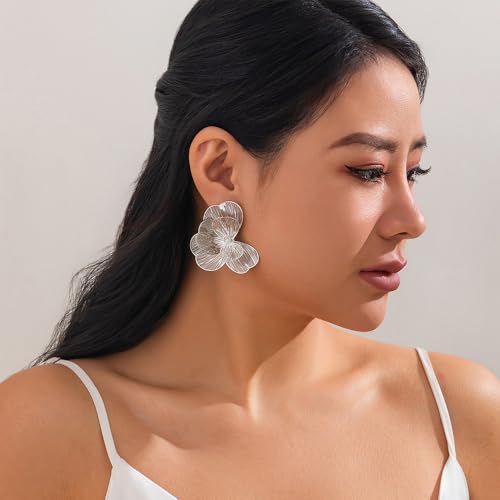 Gold Large Flower Dangle Earrings for Women Vintage Big Ginkgo Leaf Statement Silver Earring Trendy Oversized Floral Punk Jewelry Hip Hop Accessories - color: Small-Silver
