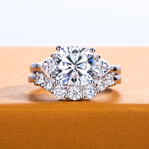 Oval/Pear/Cushion Cut Moissanite Wedding Ring Set D Color VVS1 Clarity 925 Sterling Silver Engagement Promise Anniversary Rings Bridal Sets for Women with Certificate - style: 4.14cttw Cushion Cut