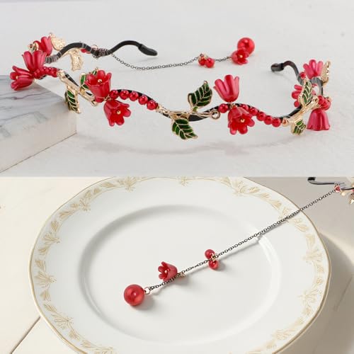 AHONEY Red Flower Headband for Women Girls Hair Vine Leaf Black Headband Wedding Fairy Accessories Headpiece - color: Red