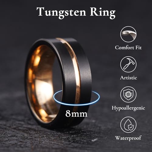 King Will Mens Tungsten Rings for Men Two Tone Grooved Mens Wedding Band Cool - color: Rose Gold 8mm