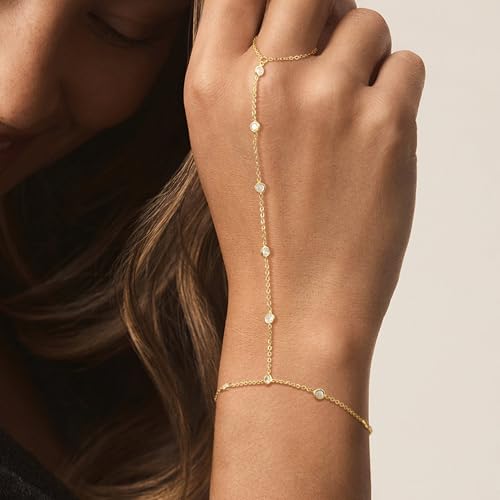 Risamil 14K Gold Plated Hand Chain Bracelets for Women Trendy, Dainty 2PCS Ring Bracelet Hand Chain Finger Bracelets Layered Stackable Link Bracelets for Women Jewelry Gifts for Women - color: CZ-Gold
