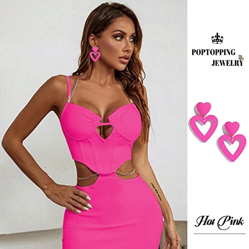 Double Heart Earrings Dangling Heart Drop Earrings For Women Love Heart Dangle Earrings Birthday Gift - color: Hot Pink