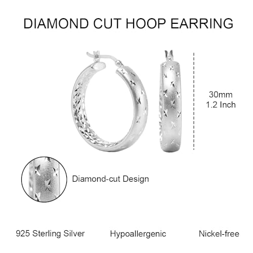 LeCalla 925 Sterling Silver Hoop Earrings for Women | 14K Gold-Plated & Rose Gold-Plated Diamond-Cut Hoop Earrings | Textured Click-Top Hoops Earring Jewelry - color: Silver Double DC-30MM