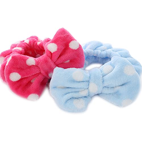 Hairizone 2 Pack Makeup Headbands for Washing Face Shower Spa, Soft and Cute Big Bow Hair Bands for Women and Girls (Light Blue/Roseo) - color: Light Blue+Roseo