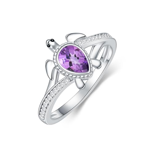 Sea Turtle Ring for Women 925 Sterling Silver Pear Shaped Birthstone Ocean Statement Ring for Ladies - color: Natural Amethyst