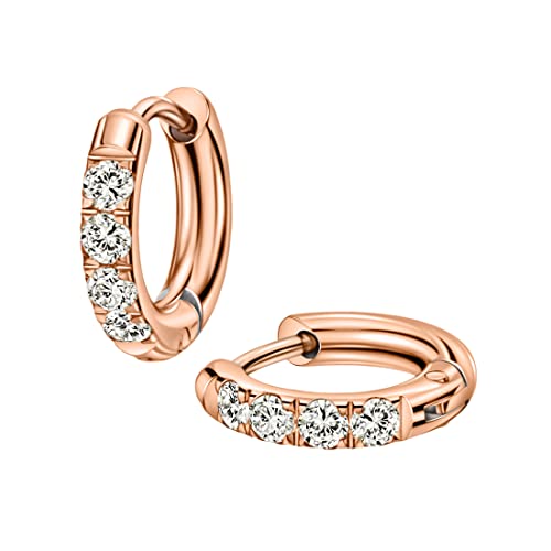 316L Surgical Stainless Steel Huggie Hoop Earrings with Cubic Zirconia, 10G 12G 14G 8-20mm Cartilage Lobe Earrings, 14G Piercing Jewelry - style: 10G 8mm Rose Gold Clear CZ