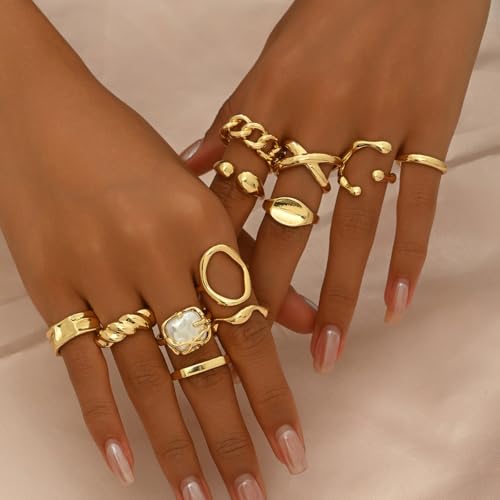 Chunky Gold Rings for Women Non Tarnish Silver Chunky Rings Set Adjustable Thick Statement Ring Gold Stackable Ring for Women Trendy Fashion Silver Jewelry - style: Style1