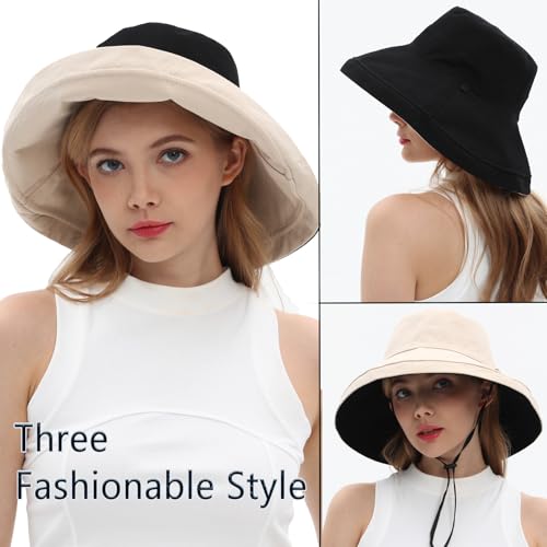 vidsel Womens Sun Hats Wide Brim Reversible Bucket Cotton Hat Packable Summer Travel Cap with Hat Clip,UV Protection - color: Medium-black+beige, size: Medium