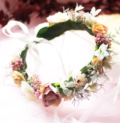 Vivivalue Fairy Flower Crown Woodland Headband Elf Floral Headpiece for Women Forest Even Circlet Halloween Renaissance Wedding Bridal Cosplay Prom Photo Props Beige - color: 7