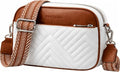 Vantamo Premium Quilted Crossbody Bags for Women with Anti-Pickpocket Clip, Vegan Leather Handbags, Travel Purses for Women - color: White & Brown With Jacquard Strap